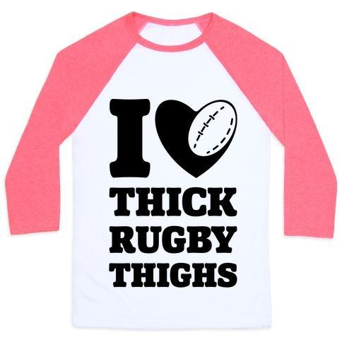 Virgin Teez  Baseball Tee Unisex Classic Baseball Tee / x-small / White/Neon Pink I LOVE THICK RUGBY THIGHS UNISEX CLASSIC BASEBALL TEE