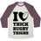 Virgin Teez  Baseball Tee Unisex Tri-Blend Baseball Tee / small / Oatmeal / Maroon I LOVE THICK RUGBY THIGHS UNISEX TRI-BLEND BASEBALL TEE