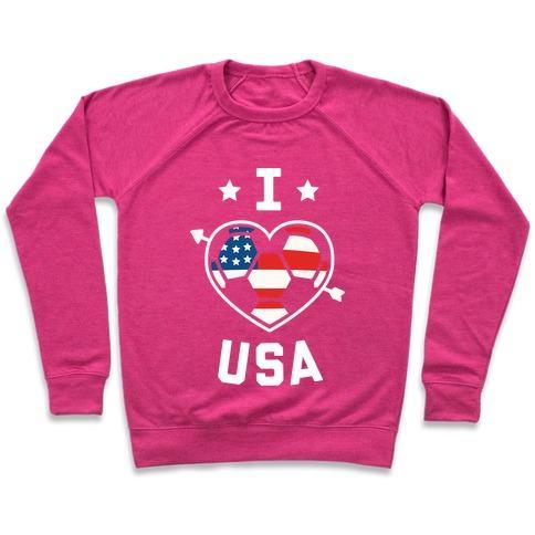 Virgin Teez  Pullover Crewneck Sweatshirt / x-small / Deep Pink I LOVE USA (SOCCER) CREWNECK SWEATSHIRT