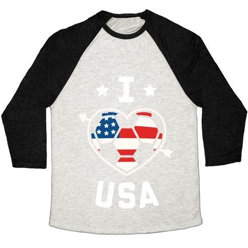 Virgin Teez  Baseball Tee Unisex Tri-Blend Baseball Tee / small / Oatmeal / Black I LOVE USA (SOCCER) UNISEX TRI-BLEND BASEBALL TEE