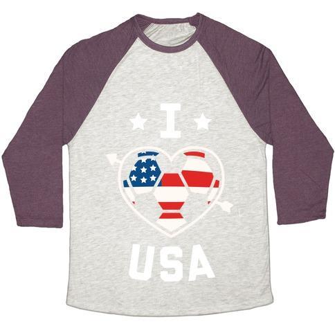 Virgin Teez  Baseball Tee Unisex Tri-Blend Baseball Tee / small / Oatmeal / Maroon I LOVE USA (SOCCER) UNISEX TRI-BLEND BASEBALL TEE