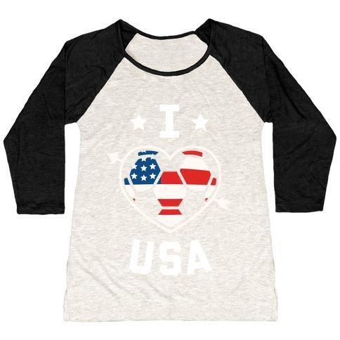 Virgin Teez  Baseball Tee Women's Tri-Blend Baseball Tee / small / Oatmeal / Black I LOVE USA (SOCCER) WOMEN'S TRI-BLEND BASEBALL TEE