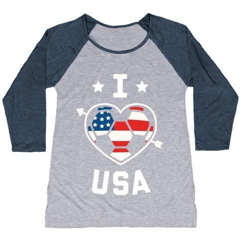 Virgin Teez  Baseball Tee Women's Tri-Blend Baseball Tee / small / Athletic Gray / Navy I LOVE USA (SOCCER) WOMEN'S TRI-BLEND BASEBALL TEE