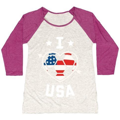 Virgin Teez  Baseball Tee Women's Tri-Blend Baseball Tee / small / Oatmeal / Berry I LOVE USA (SOCCER) WOMEN'S TRI-BLEND BASEBALL TEE