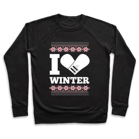 Virgin Teez  Pullover Crewneck Sweatshirt / x-small / Black I LOVE WINTER (SNOWBOARD HEART) CREWNECK SWEATSHIRT