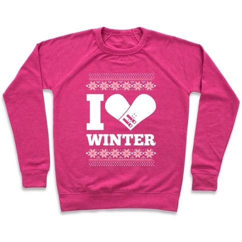 Virgin Teez  Pullover Crewneck Sweatshirt / x-small / Deep Pink I LOVE WINTER (SNOWBOARD HEART) CREWNECK SWEATSHIRT
