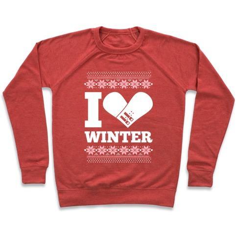 Virgin Teez  Pullover Crewneck Sweatshirt / x-small / Heathered Red I LOVE WINTER (SNOWBOARD HEART) CREWNECK SWEATSHIRT