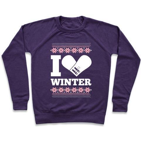 Virgin Teez  Pullover Crewneck Sweatshirt / x-small / Purple I LOVE WINTER (SNOWBOARD HEART) CREWNECK SWEATSHIRT