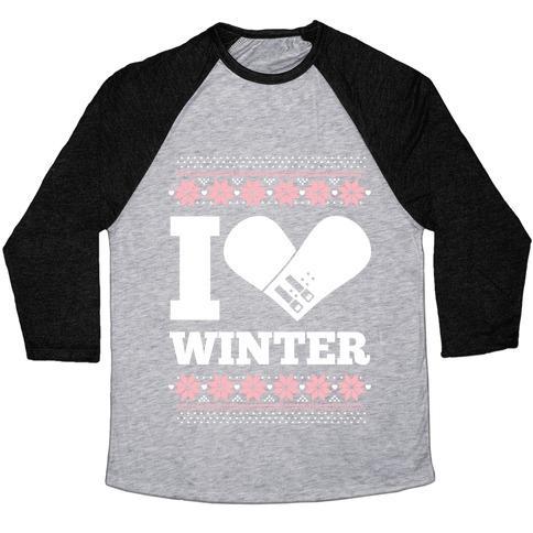 Virgin Teez  Baseball Tee Unisex Tri-Blend Baseball Tee / small / Athletic Gray / Black I LOVE WINTER (SNOWBOARD HEART) UNISEX TRI-BLEND BASEBALL TEE