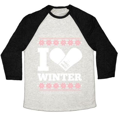 Virgin Teez  Baseball Tee Unisex Tri-Blend Baseball Tee / small / Oatmeal / Black I LOVE WINTER (SNOWBOARD HEART) UNISEX TRI-BLEND BASEBALL TEE