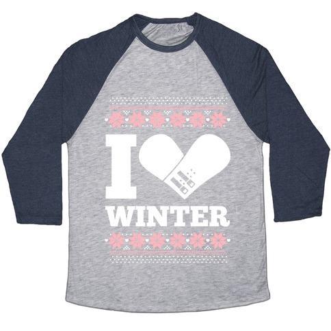 Virgin Teez  Baseball Tee Unisex Tri-Blend Baseball Tee / small / Athletic Gray / Navy I LOVE WINTER (SNOWBOARD HEART) UNISEX TRI-BLEND BASEBALL TEE