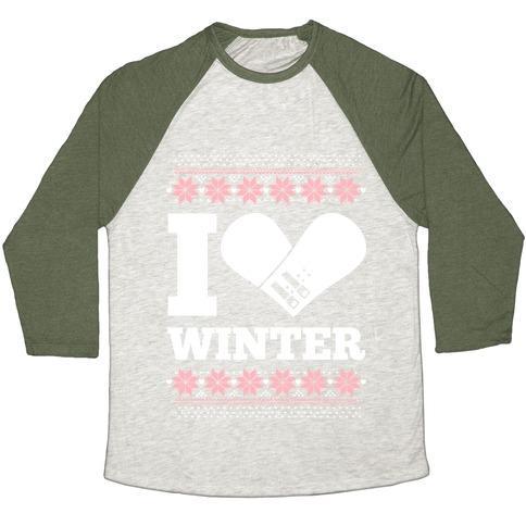 Virgin Teez  Baseball Tee Unisex Tri-Blend Baseball Tee / small / Oatmeal / Moss I LOVE WINTER (SNOWBOARD HEART) UNISEX TRI-BLEND BASEBALL TEE
