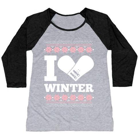 Virgin Teez  Baseball Tee Women's Tri-Blend Baseball Tee / small / Athletic Gray / Black I LOVE WINTER (SNOWBOARD HEART) WOMEN'S TRI-BLEND BASEBALL TEE