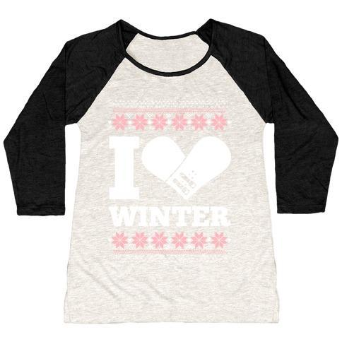 Virgin Teez  Baseball Tee Women's Tri-Blend Baseball Tee / small / Oatmeal / Black I LOVE WINTER (SNOWBOARD HEART) WOMEN'S TRI-BLEND BASEBALL TEE