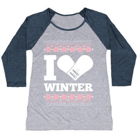 Virgin Teez  Baseball Tee Women's Tri-Blend Baseball Tee / small / Athletic Gray / Navy I LOVE WINTER (SNOWBOARD HEART) WOMEN'S TRI-BLEND BASEBALL TEE