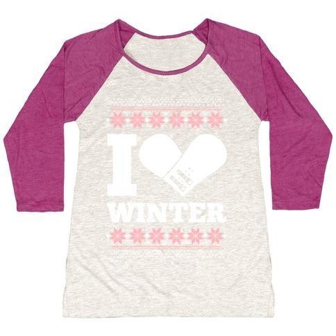 Virgin Teez  Baseball Tee Women's Tri-Blend Baseball Tee / small / Oatmeal / Berry I LOVE WINTER (SNOWBOARD HEART) WOMEN'S TRI-BLEND BASEBALL TEE