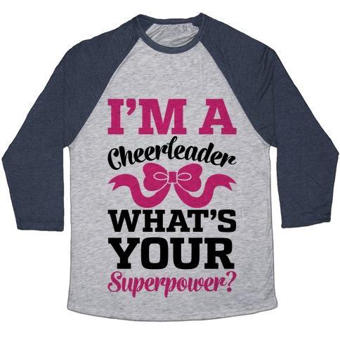 Virgin Teez  Baseball Tee Unisex Tri-Blend Baseball Tee / small / Athletic Gray / Navy I'M A CHEERLEADER, WHAT'S YOUR SUPERPOWER? UNISEX TRI-BLEND BASEBALL TEE