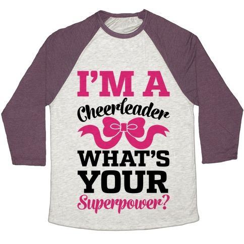 Virgin Teez  Baseball Tee Unisex Tri-Blend Baseball Tee / small / Oatmeal / Maroon I'M A CHEERLEADER, WHAT'S YOUR SUPERPOWER? UNISEX TRI-BLEND BASEBALL TEE