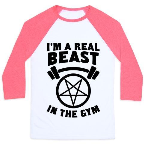 Virgin Teez  Baseball Tee Unisex Classic Baseball Tee / x-small / White/Neon Pink I'M A REAL BEAST IN THE GYM UNISEX CLASSIC BASEBALL TEE