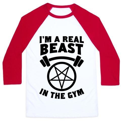Virgin Teez  Baseball Tee Unisex Classic Baseball Tee / x-small / White/Red I'M A REAL BEAST IN THE GYM UNISEX CLASSIC BASEBALL TEE
