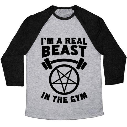 Virgin Teez  Baseball Tee Unisex Tri-Blend Baseball Tee / small / Athletic Gray / Black I'M A REAL BEAST IN THE GYM UNISEX TRI-BLEND BASEBALL TEE