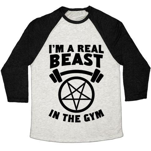 Virgin Teez  Baseball Tee Unisex Tri-Blend Baseball Tee / small / Oatmeal / Black I'M A REAL BEAST IN THE GYM UNISEX TRI-BLEND BASEBALL TEE