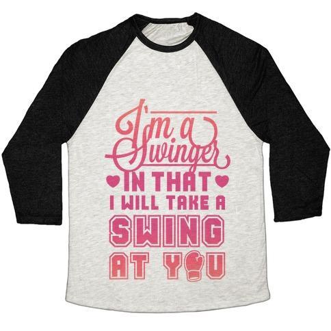 Virgin Teez  Baseball Tee Unisex Tri-Blend Baseball Tee / small / Oatmeal / Black I'M A SWINGER (BOXING) UNISEX TRI-BLEND BASEBALL TEE