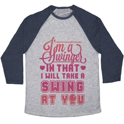Virgin Teez  Baseball Tee Unisex Tri-Blend Baseball Tee / small / Athletic Gray / Navy I'M A SWINGER (BOXING) UNISEX TRI-BLEND BASEBALL TEE