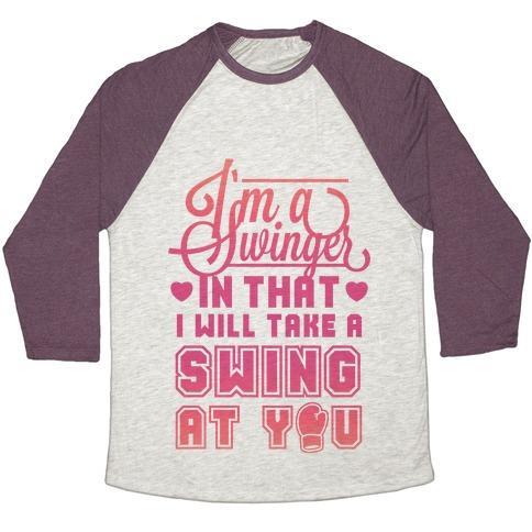 Virgin Teez  Baseball Tee Unisex Tri-Blend Baseball Tee / small / Oatmeal / Maroon I'M A SWINGER (BOXING) UNISEX TRI-BLEND BASEBALL TEE