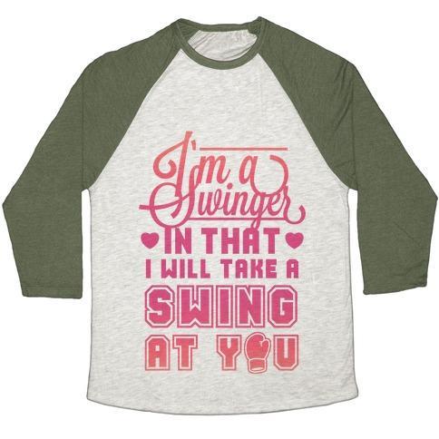 Virgin Teez  Baseball Tee Unisex Tri-Blend Baseball Tee / small / Oatmeal / Moss I'M A SWINGER (BOXING) UNISEX TRI-BLEND BASEBALL TEE
