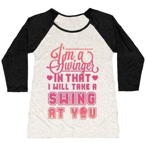 Virgin Teez  Baseball Tee Women's Tri-Blend Baseball Tee / small / Oatmeal / Black I'M A SWINGER (BOXING) WOMEN'S TRI-BLEND BASEBALL TEE