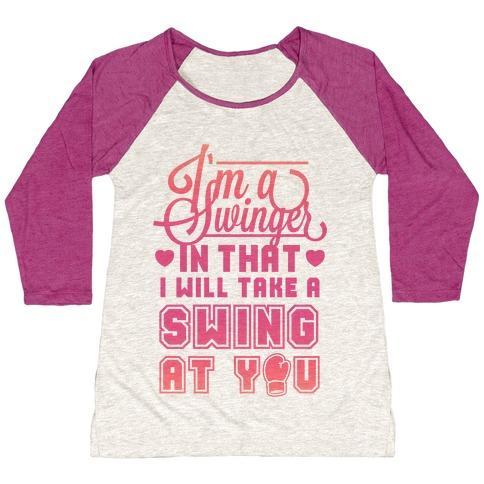 Virgin Teez  Baseball Tee Women's Tri-Blend Baseball Tee / small / Oatmeal / Berry I'M A SWINGER (BOXING) WOMEN'S TRI-BLEND BASEBALL TEE