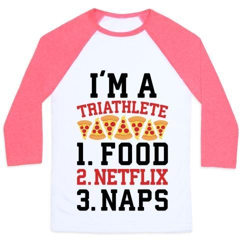 Virgin Teez  Baseball Tee Unisex Classic Baseball Tee / x-small / White/Neon Pink I'M A TRIATHLETE: FOOD, NETFLIX, AND NAPS UNISEX CLASSIC BASEBALL TEE