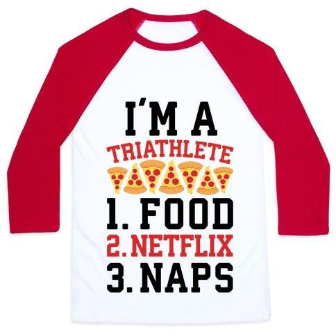 Virgin Teez  Baseball Tee Unisex Classic Baseball Tee / x-small / White/Red I'M A TRIATHLETE: FOOD, NETFLIX, AND NAPS UNISEX CLASSIC BASEBALL TEE
