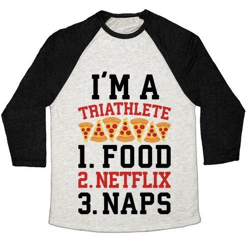 Virgin Teez  Baseball Tee Unisex Tri-Blend Baseball Tee / small / Oatmeal / Black I'M A TRIATHLETE: FOOD, NETFLIX, AND NAPS UNISEX TRI-BLEND BASEBALL TEE