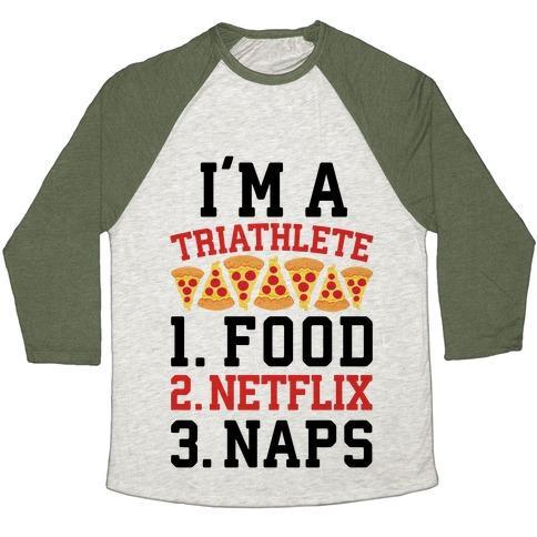 Virgin Teez  Baseball Tee Unisex Tri-Blend Baseball Tee / small / Oatmeal / Moss I'M A TRIATHLETE: FOOD, NETFLIX, AND NAPS UNISEX TRI-BLEND BASEBALL TEE
