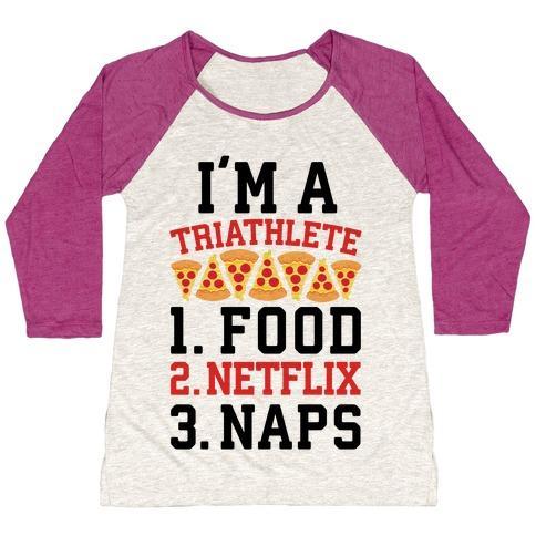 Virgin Teez  Baseball Tee Women's Tri-Blend Baseball Tee / small / Oatmeal / Berry I'M A TRIATHLETE: FOOD, NETFLIX, AND NAPS WOMEN'S TRI-BLEND BASEBALL TEE