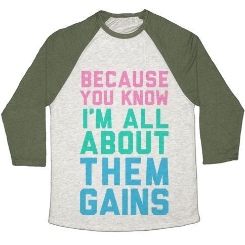 Virgin Teez  Baseball Tee Unisex Tri-Blend Baseball Tee / small / Oatmeal / Moss I'M ALL ABOUT THEM GAINS UNISEX TRI-BLEND BASEBALL TEE