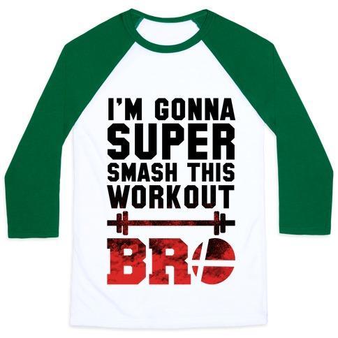 Virgin Teez  Baseball Tee Unisex Classic Baseball Tee / x-small / White/Dark Green I'M GONNA SUPER SMASH THIS WORKOUT BRO UNISEX CLASSIC BASEBALL TEE