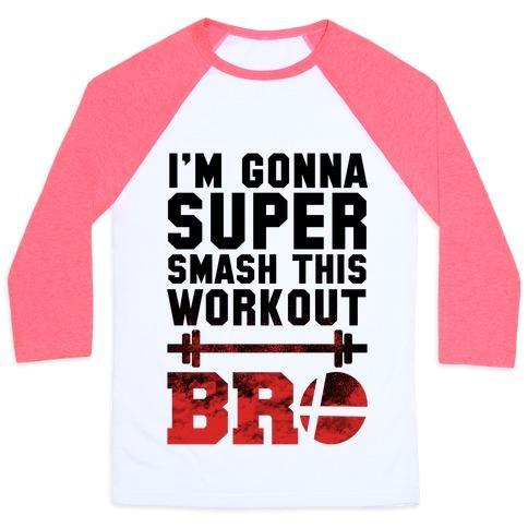 Virgin Teez  Baseball Tee Unisex Classic Baseball Tee / x-small / White/Neon Pink I'M GONNA SUPER SMASH THIS WORKOUT BRO UNISEX CLASSIC BASEBALL TEE
