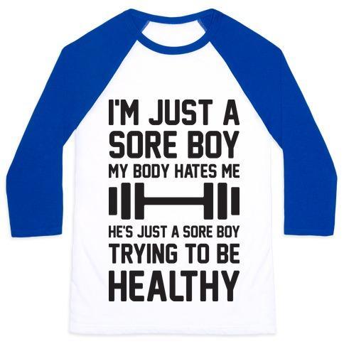 Virgin Teez  Baseball Tee Unisex Classic Baseball Tee / x-small / White/Blue I'M JUST A SORE BOY UNISEX CLASSIC BASEBALL TEE