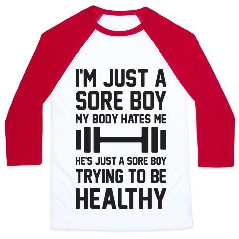 Virgin Teez  Baseball Tee Unisex Classic Baseball Tee / x-small / White/Red I'M JUST A SORE BOY UNISEX CLASSIC BASEBALL TEE