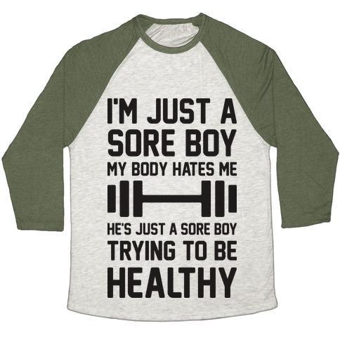 Virgin Teez  Baseball Tee Unisex Tri-Blend Baseball Tee / small / Oatmeal / Moss I'M JUST A SORE BOY UNISEX TRI-BLEND BASEBALL TEE