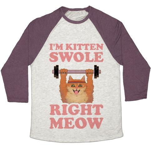 Virgin Teez  Baseball Tee Unisex Tri-Blend Baseball Tee / small / Oatmeal / Maroon I'M KITTEN SWOLE RIGHT MEOW UNISEX TRI-BLEND BASEBALL TEE
