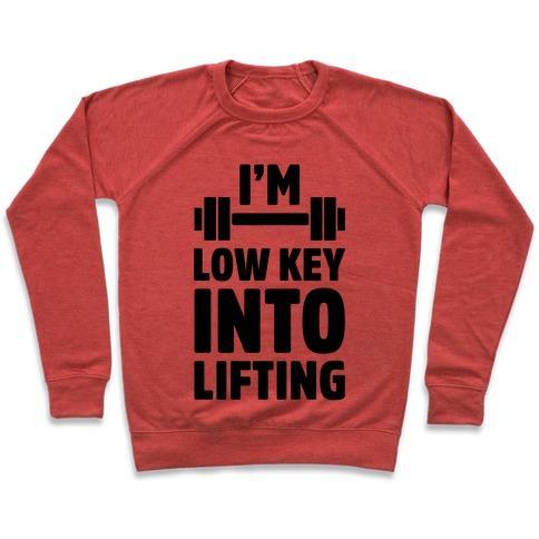 Virgin Teez  Pullover Crewneck Sweatshirt / x-small / Heathered Red I'M LOW KEY INTO LIFTING CREWNECK SWEATSHIRT