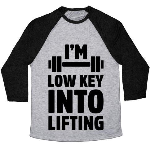 Virgin Teez  Baseball Tee Unisex Tri-Blend Baseball Tee / small / Athletic Gray / Black I'M LOW KEY INTO LIFTING UNISEX TRI-BLEND BASEBALL TEE