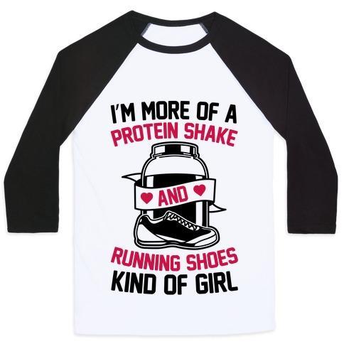 Virgin Teez  Baseball Tee Unisex Classic Baseball Tee / x-small / White/Black I'M MORE OF A PROTEIN SHAKE AND RUNNING SHOES KINDA OF GIRL UNISEX CLASSIC BASEBALL TEE