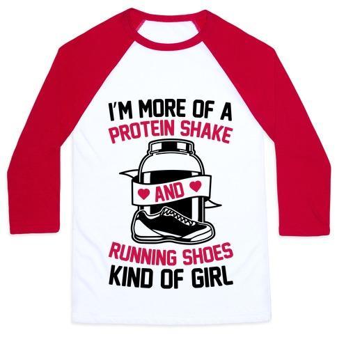 Virgin Teez  Baseball Tee Unisex Classic Baseball Tee / x-small / White/Red I'M MORE OF A PROTEIN SHAKE AND RUNNING SHOES KINDA OF GIRL UNISEX CLASSIC BASEBALL TEE