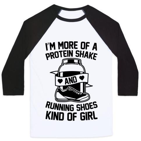 Virgin Teez  Baseball Tee Unisex Classic Baseball Tee / x-small / White/Black I'M MORE OF A PROTEIN SHAKE AND RUNNING SHOES KINDA OF GIRL UNISEX CLASSIC BASEBALL TEE