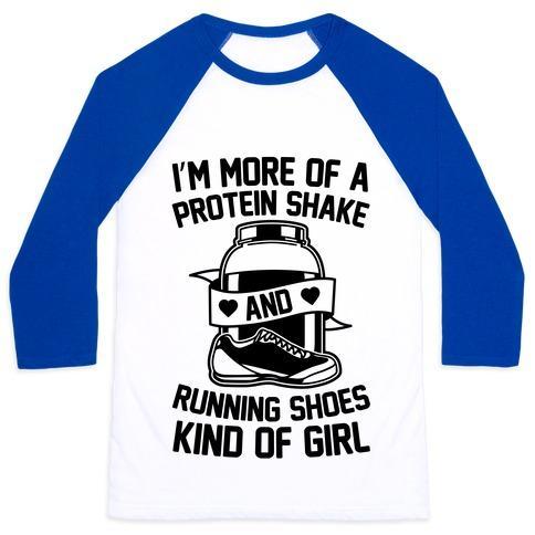 Virgin Teez  Baseball Tee Unisex Classic Baseball Tee / x-small / White/Blue I'M MORE OF A PROTEIN SHAKE AND RUNNING SHOES KINDA OF GIRL UNISEX CLASSIC BASEBALL TEE